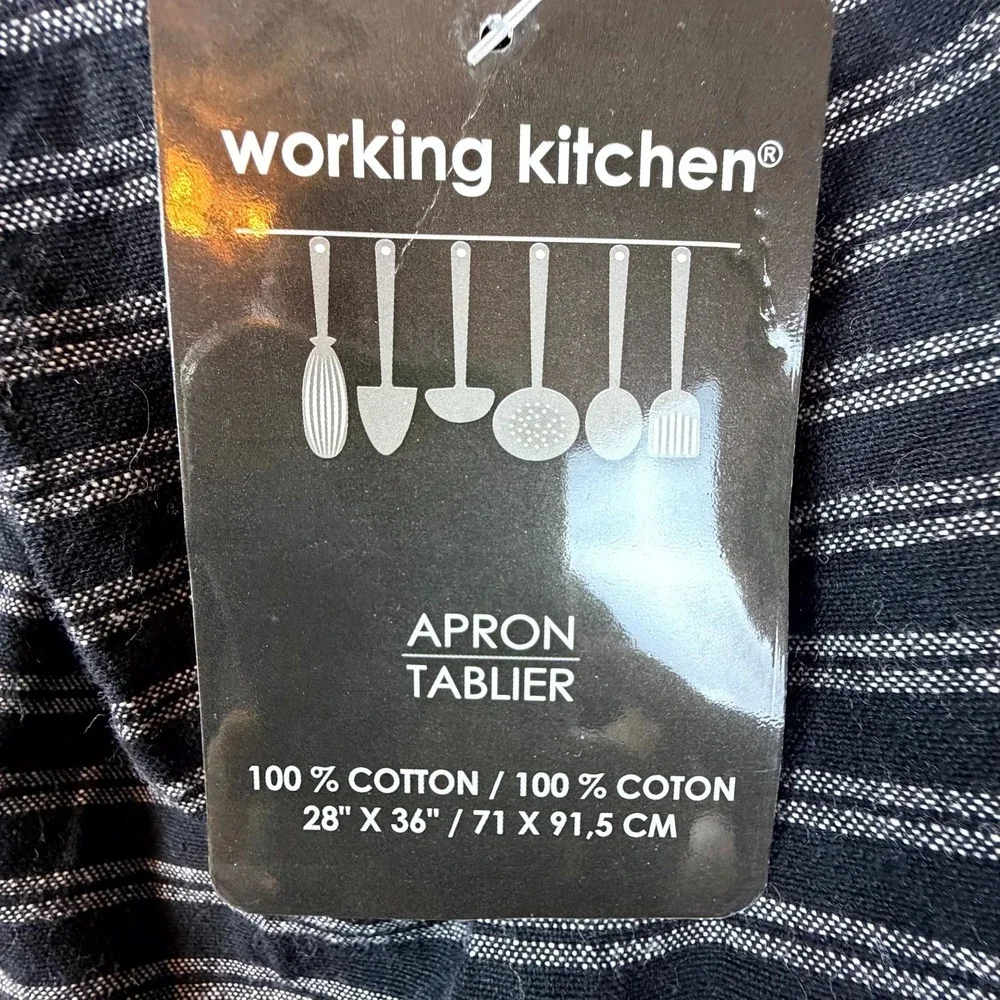 Working Kitchen Apron Unisex 28 x 36 Black White Cotton Striped Front Pocket